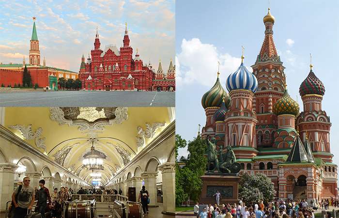 The Kremlin, the interior of the Moscow Metro and St Basil's Cathedral